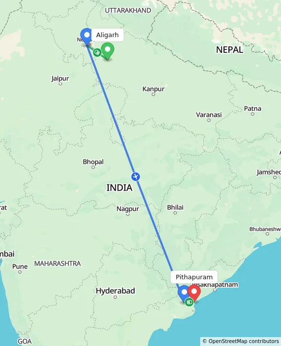 Route map showing distance and travel time from Aligarh, India to Pithapuram, India