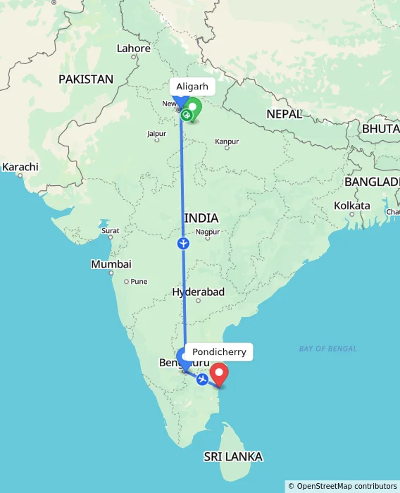 Route map showing distance and travel time from Aligarh, India to Pondicherry, India