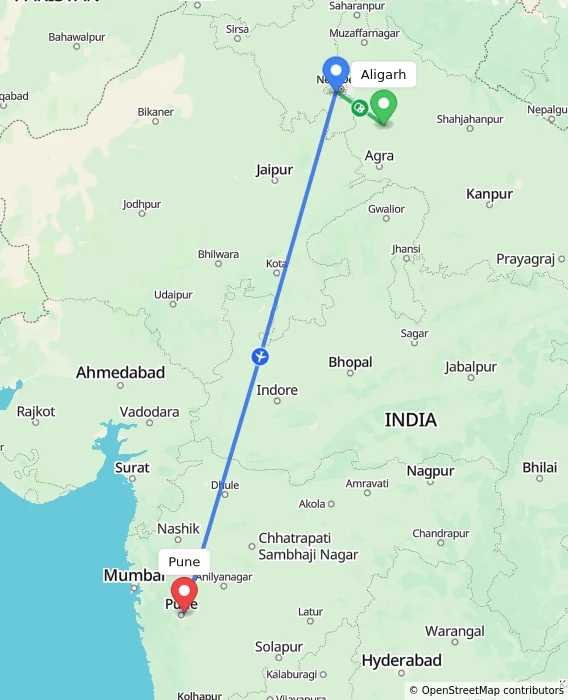 Route map showing distance and travel time from Aligarh, India to Pune, India