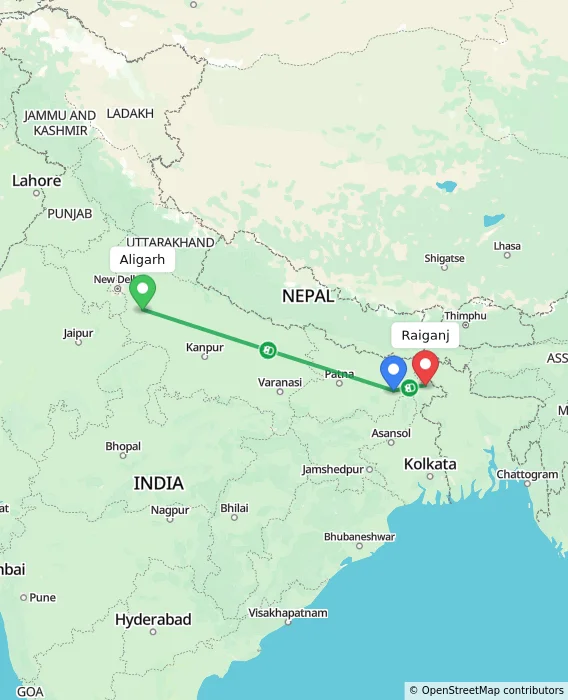 Route map showing distance and travel time from Aligarh, India to Raiganj, India