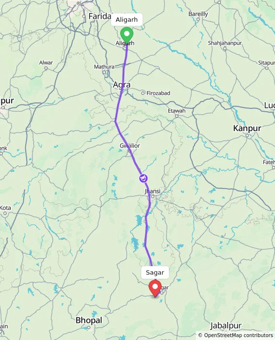 Route map showing distance and travel time from Aligarh, India to Sagar, India