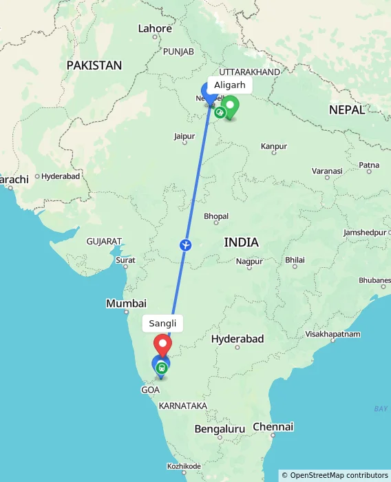 Route map showing distance and travel time from Aligarh, India to Sangli, India