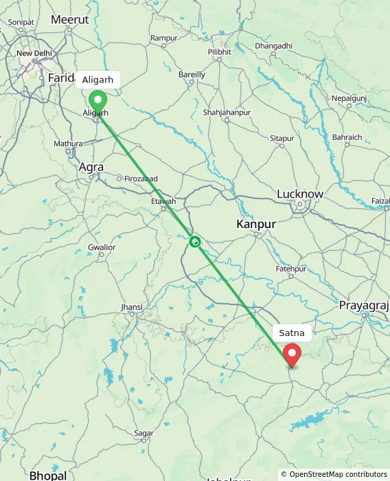 Route map showing distance and travel time from Aligarh, India to Satna, India