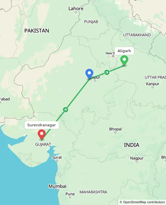 Route map showing distance and travel time from Aligarh, India to Surendranagar, India
