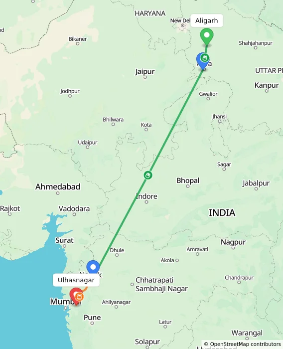 Route map showing distance and travel time from Aligarh, India to Ulhasnagar, India