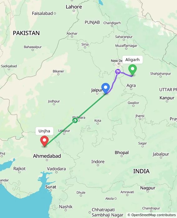 Route map showing distance and travel time from Aligarh, India to Unjha, India