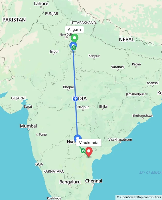 Route map showing distance and travel time from Aligarh, India to Vinukonda, India