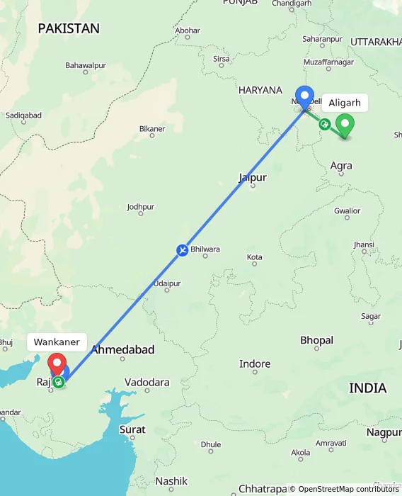 Route map showing distance and travel time from Aligarh, India to Wankaner, India