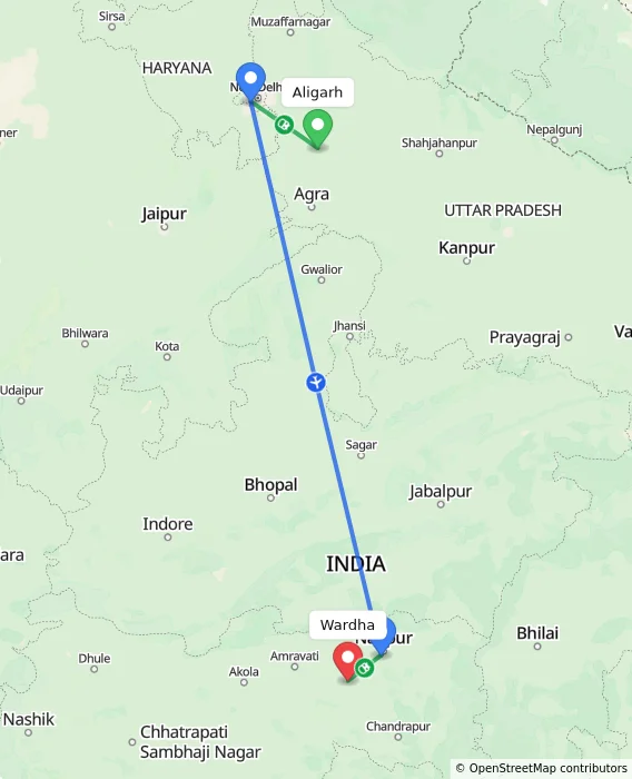 Route map showing distance and travel time from Aligarh, India to Wardha, India
