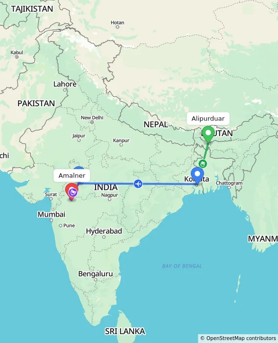 Route map showing distance and travel time from Alipurduar, India to Amalner, India