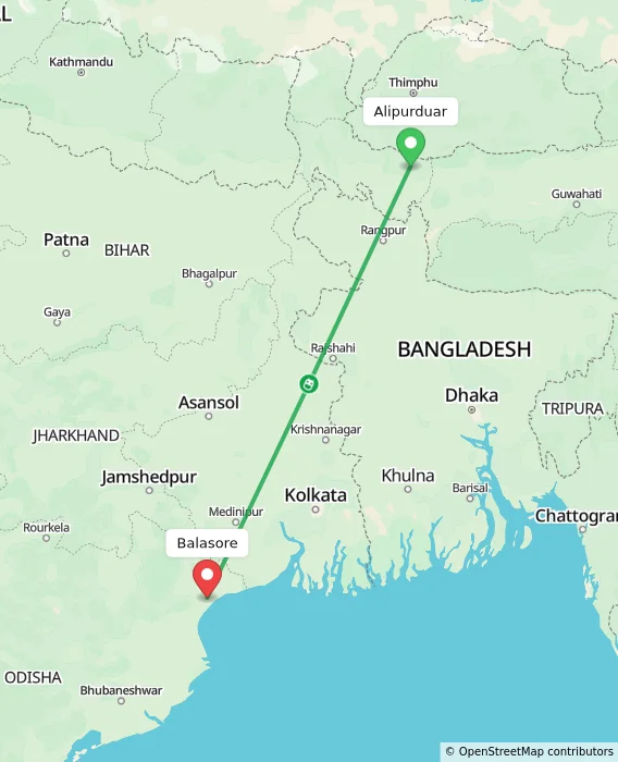 Route map showing distance and travel time from Alipurduar, India to Balasore, India