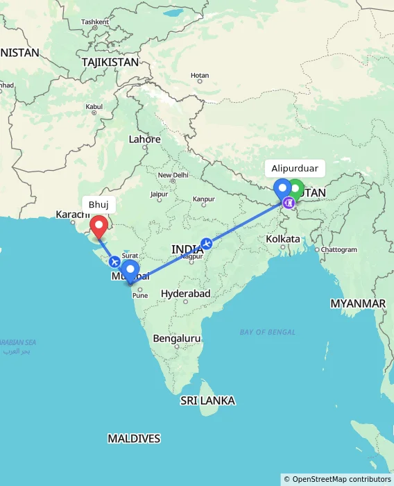 Route map showing distance and travel time from Alipurduar, India to Bhuj, India