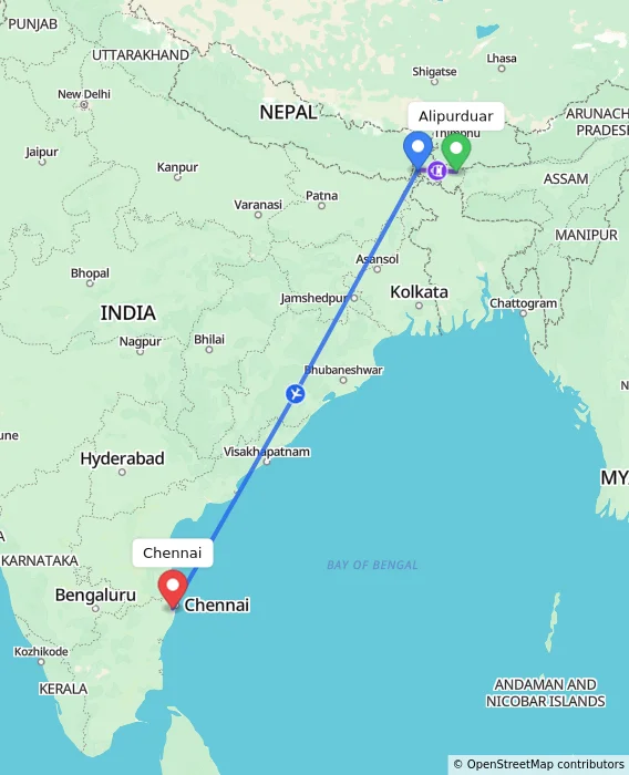 Route map showing distance and travel time from Alipurduar, India to Chennai, India