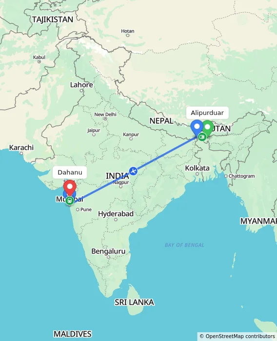 Route map showing distance and travel time from Alipurduar, India to Dahanu, India