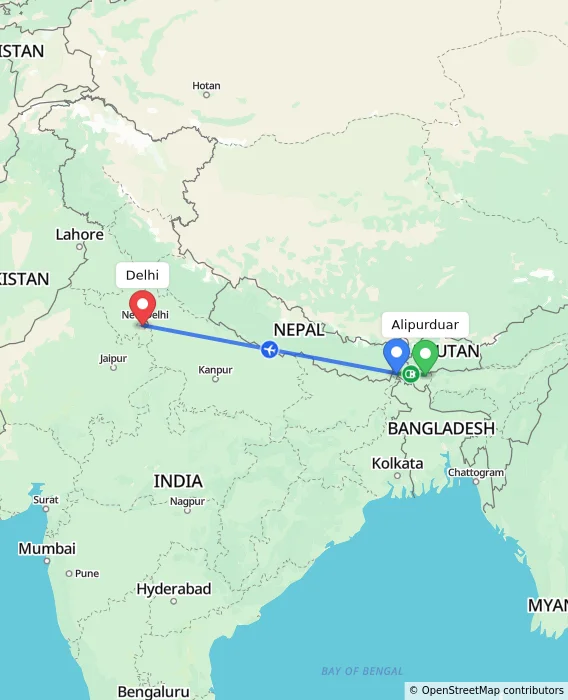 Route map showing distance and travel time from Alipurduar, India to Delhi, India