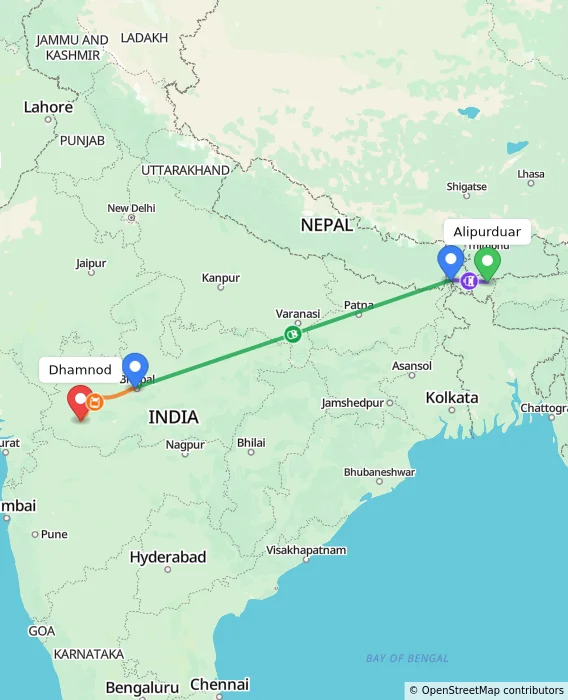 Route map showing distance and travel time from Alipurduar, India to Dhamnod, India