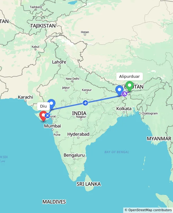 Route map showing distance and travel time from Alipurduar, India to Diu, India