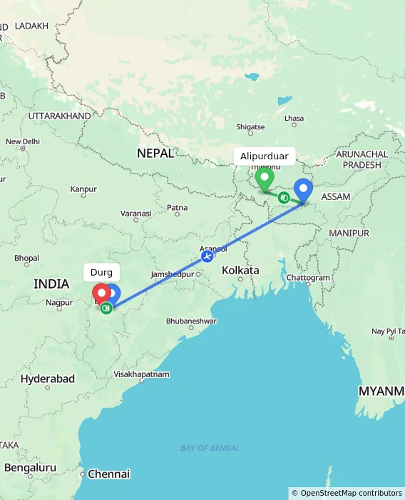 Route map showing distance and travel time from Alipurduar, India to Durg, India