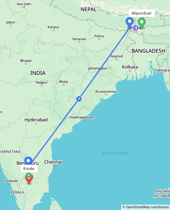 Route map showing distance and travel time from Alipurduar, India to Erode, India