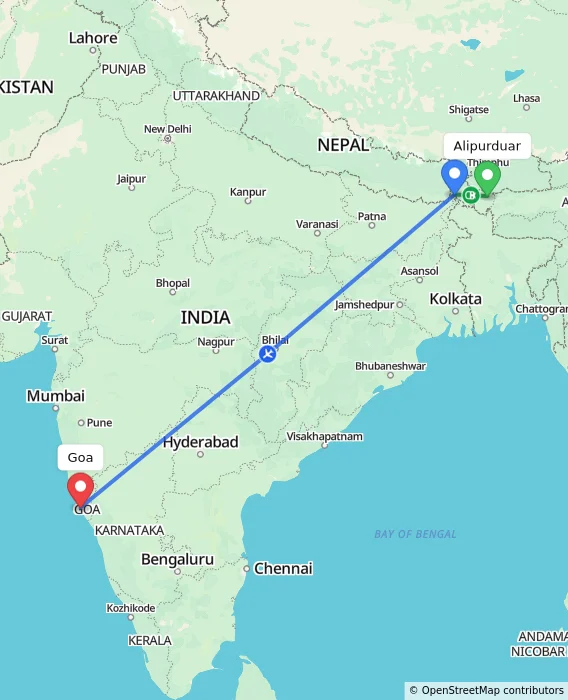 Route map showing distance and travel time from Alipurduar, India to Goa, India