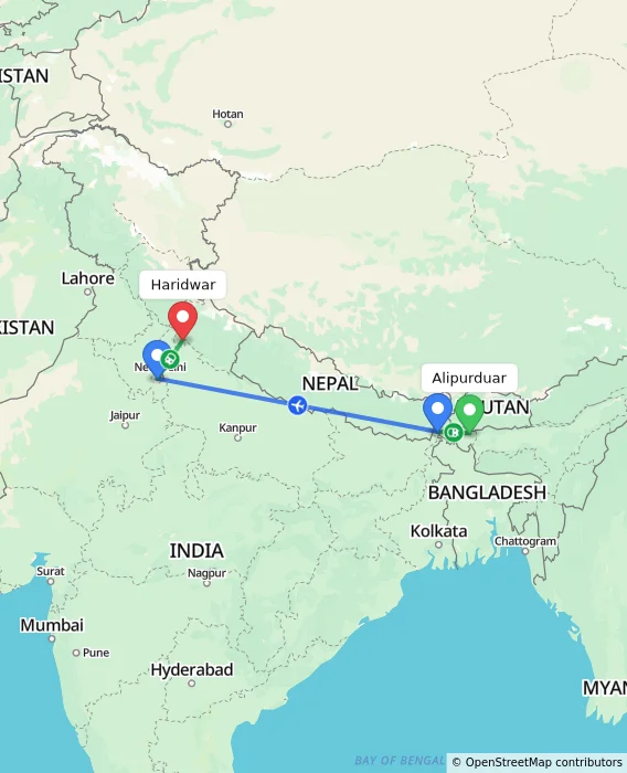 Route map showing distance and travel time from Alipurduar, India to Haridwar, India