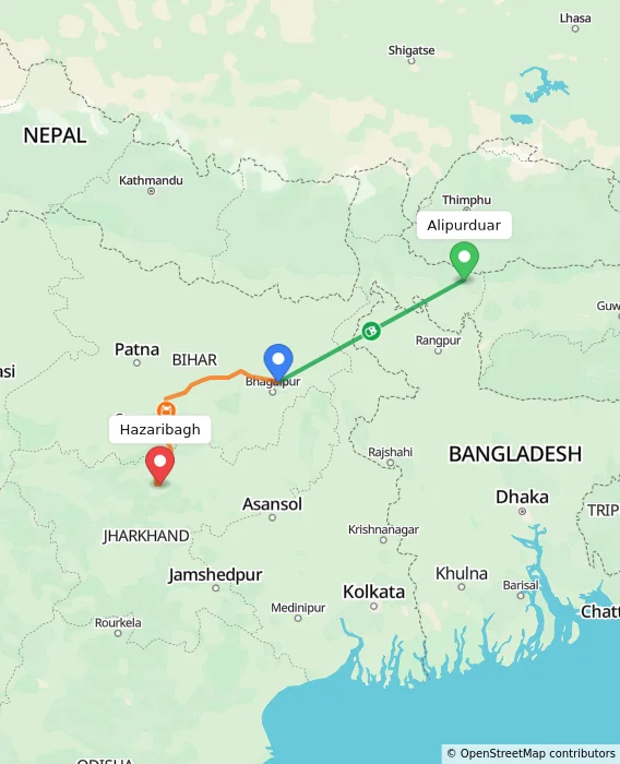 Route map showing distance and travel time from Alipurduar, India to Hazaribagh, India