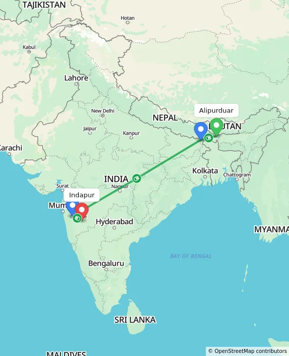 Route map showing distance and travel time from Alipurduar, India to Indapur, India