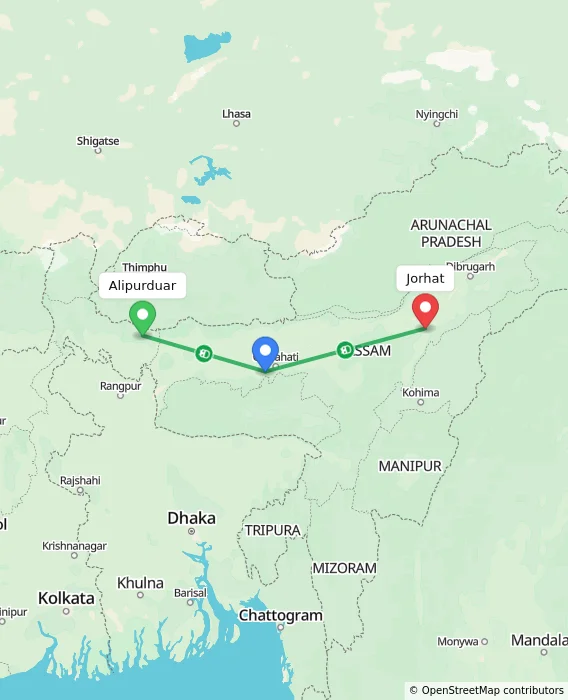 Route map showing distance and travel time from Alipurduar, India to Jorhat, India