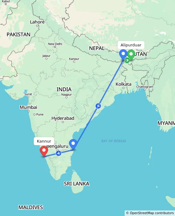 Route map showing distance and travel time from Alipurduar, India to Kannur, India