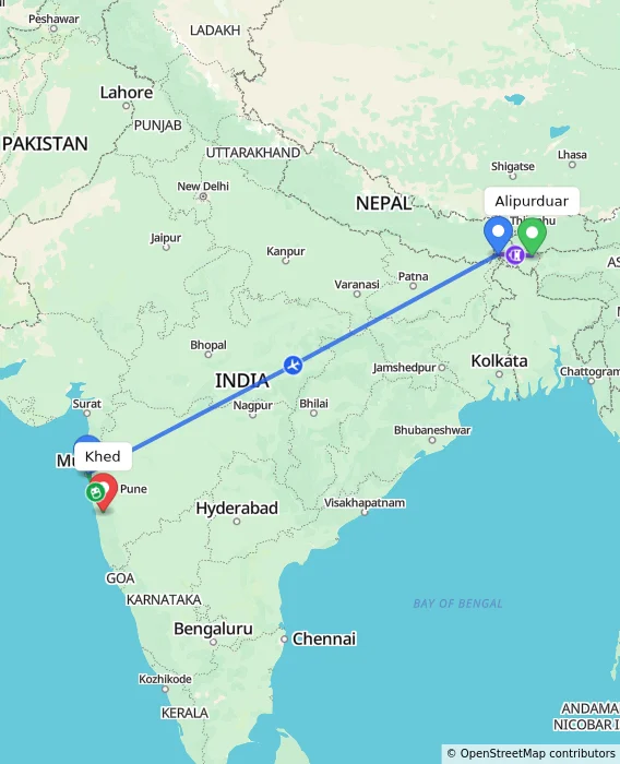 Route map showing distance and travel time from Alipurduar, India to Khed, India