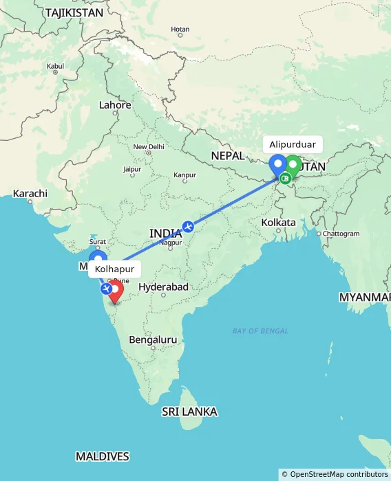 Route map showing distance and travel time from Alipurduar, India to Kolhapur, India