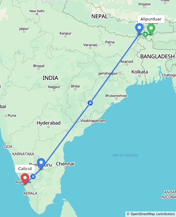 Route map showing distance and travel time from Alipurduar, India to Kozhikode, India