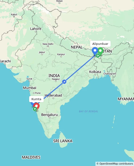 Route map showing distance and travel time from Alipurduar, India to Kumta, India