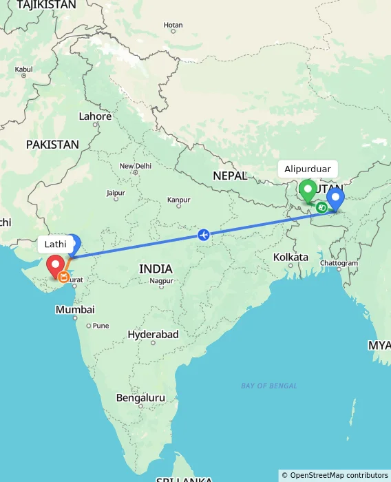 Route map showing distance and travel time from Alipurduar, India to Lathi, India