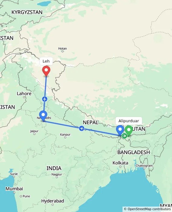 Route map showing distance and travel time from Alipurduar, India to Leh, India
