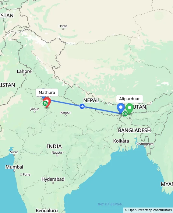 Route map showing distance and travel time from Alipurduar, India to Mathura, India