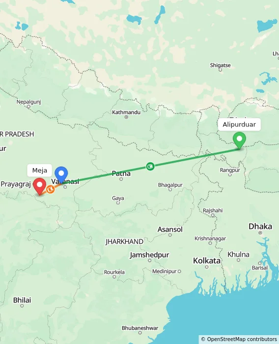 Route map showing distance and travel time from Alipurduar, India to Meja, India