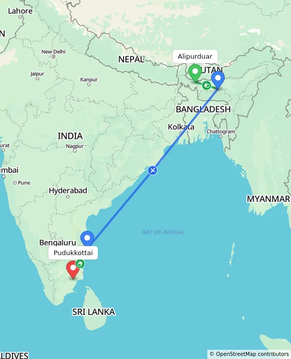 Route map showing distance and travel time from Alipurduar, India to Pudukkottai, India