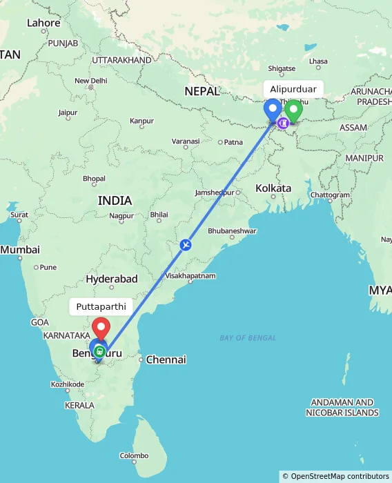 Route map showing distance and travel time from Alipurduar, India to Puttaparthi, India
