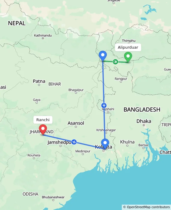 Route map showing distance and travel time from Alipurduar, India to Ranchi, India