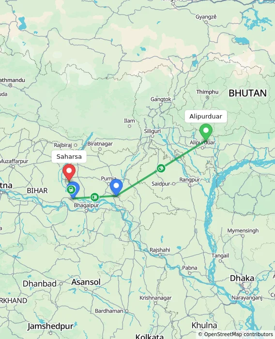 Route map showing distance and travel time from Alipurduar, India to Saharsa, India