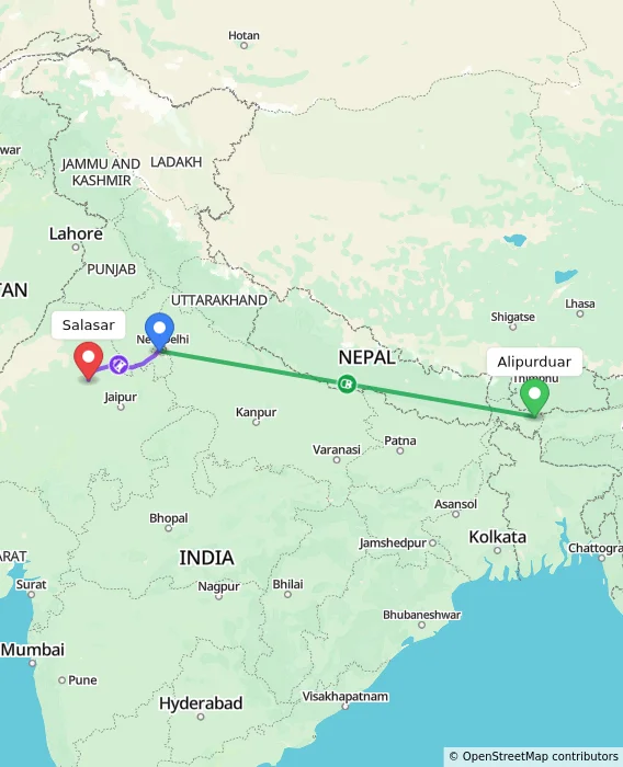 Route map showing distance and travel time from Alipurduar, India to Salasar, India