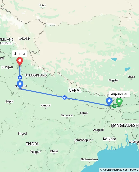 Route map showing distance and travel time from Alipurduar, India to Shimla, India