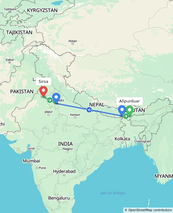 Route map showing distance and travel time from Alipurduar, India to Sirsa, India