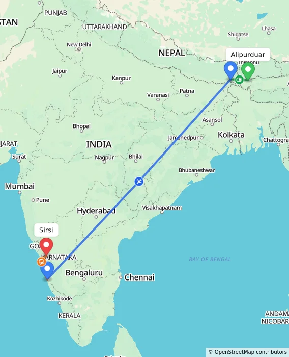 Route map showing distance and travel time from Alipurduar, India to Sirsi, India