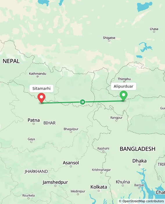 Route map showing distance and travel time from Alipurduar, India to Sitamarhi, India