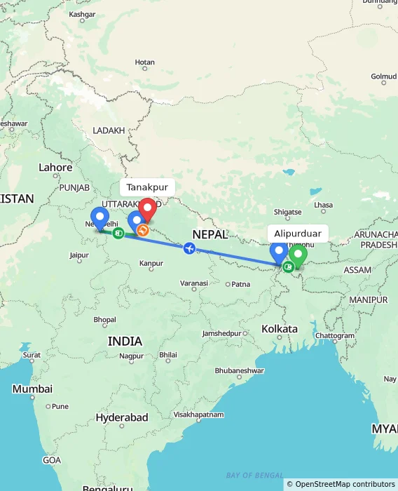 Route map showing distance and travel time from Alipurduar, India to Tanakpur, India
