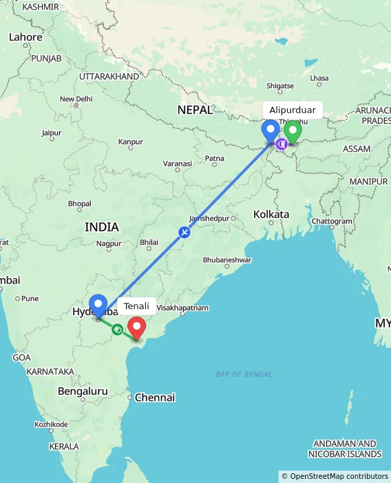 Route map showing distance and travel time from Alipurduar, India to Tenali, India