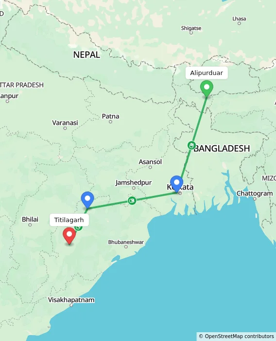 Route map showing distance and travel time from Alipurduar, India to Titilagarh, India
