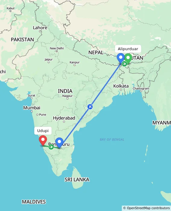 Route map showing distance and travel time from Alipurduar, India to Udupi, India